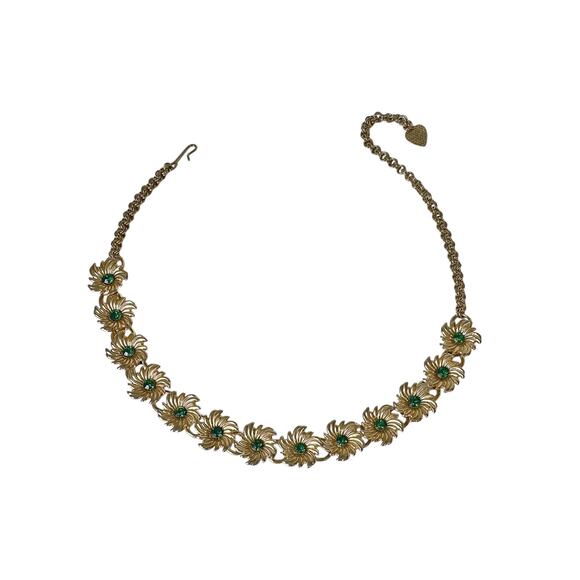 1960s Gold Plate & Green Rhinestones Single Strand Adjustable Flower Choker - Picture 2 of 5
